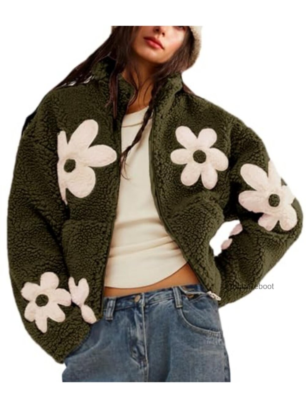 Floral Sherpa Fleece Cropped Zip Jacket Fuzzy Teddy Coat Oversized